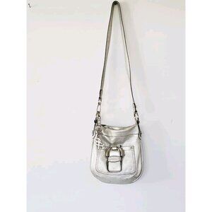 B. MAKOWSKY Women's Pewter Silver Metallic Crossbody Purse Chunky Buckle Y2K